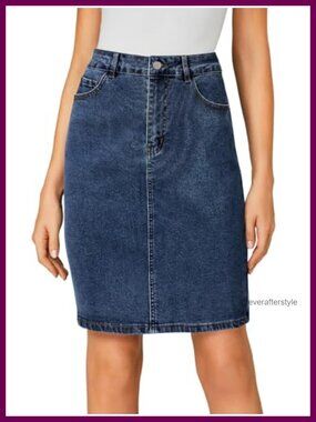 High Waist Stretch Denim Midi Skirt Bodycon Zip Up with Pockets